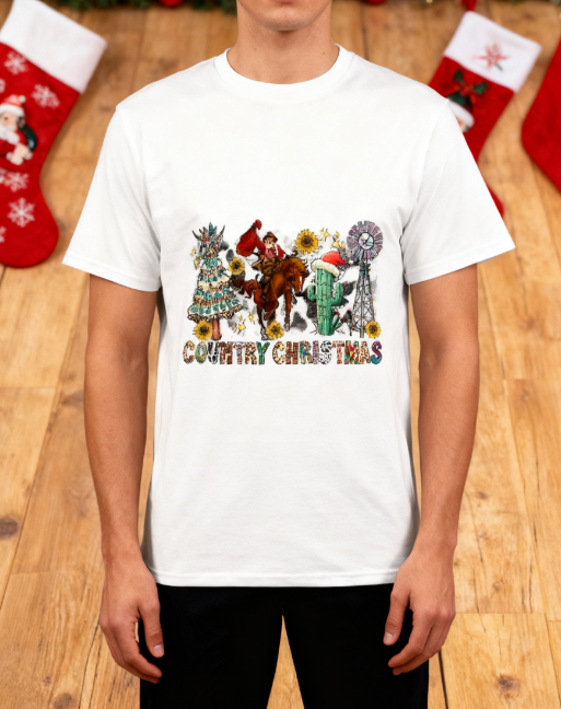 Country Christmas Western Graphic T-Shirt - 100% Cotton, Festive Exclusive for Holiday Gatherings & Casual Occasions