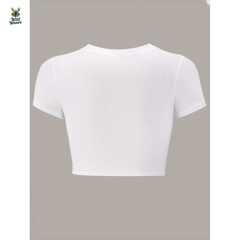 Women's Stretchy Y2K Graphic Print Crop Top T-Shirt - Slim Fit Crew Neck Summer Tee with Butterfly Design, Machine Washable Casual Top, Rhinestone Chain Accent | Delicate Detail Shirt