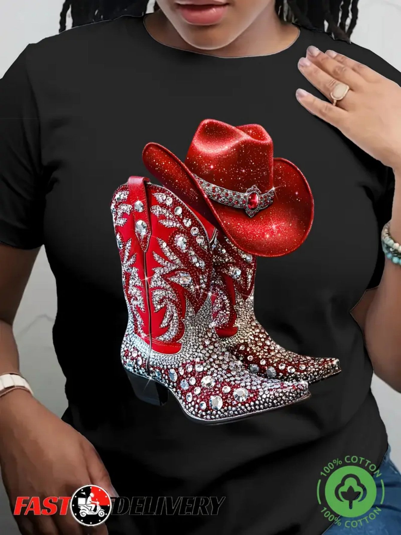 Women'S Black T-Shirt with Red Cowboy Boots & Hat Graphic - Casual Short Sleeve, Round Neck, Stretchy Fabric, Perfect for Spring/Summer, Everyday Tshirt | Trendy Graphic Tee | Comfortable Fit