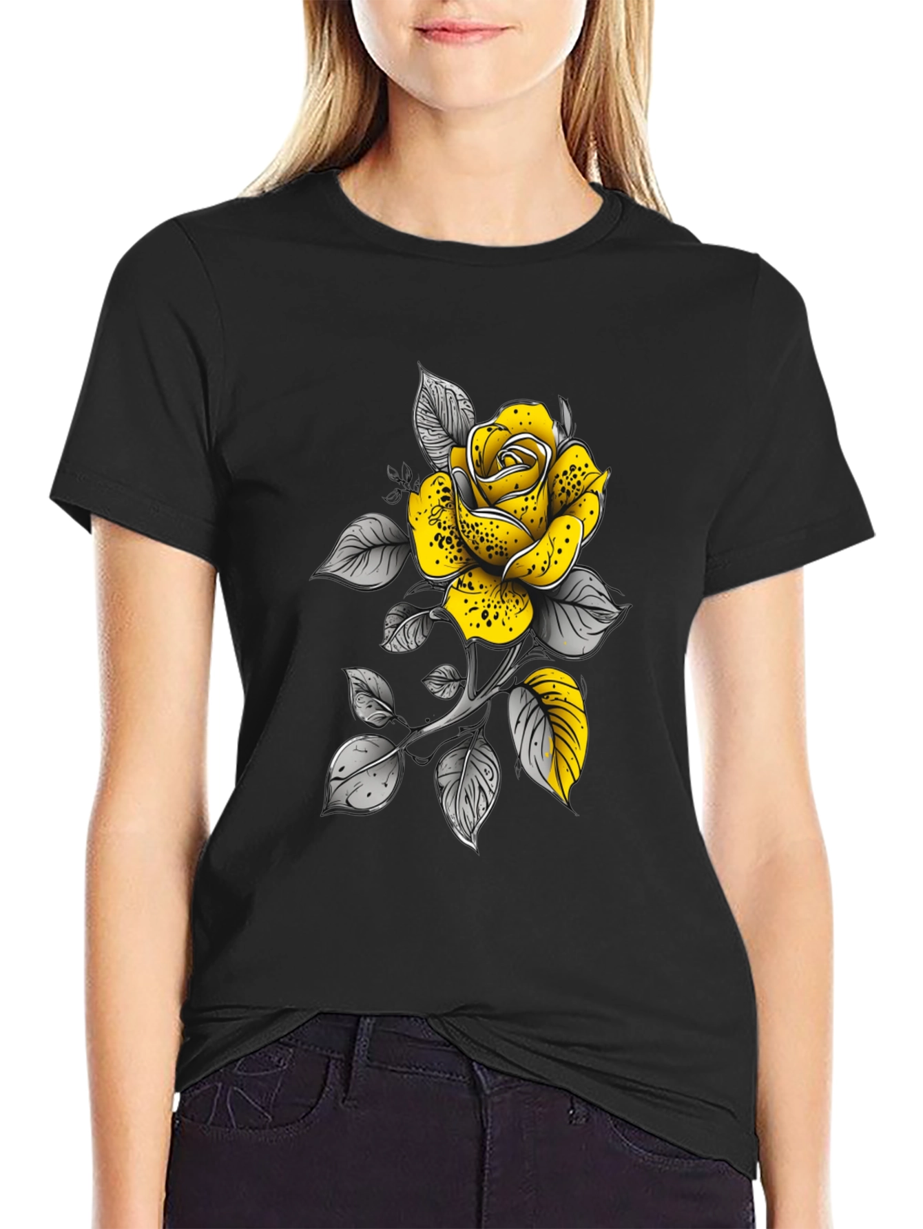 Yellow Rose Graphic Tee - Stylish Black T-Shirt