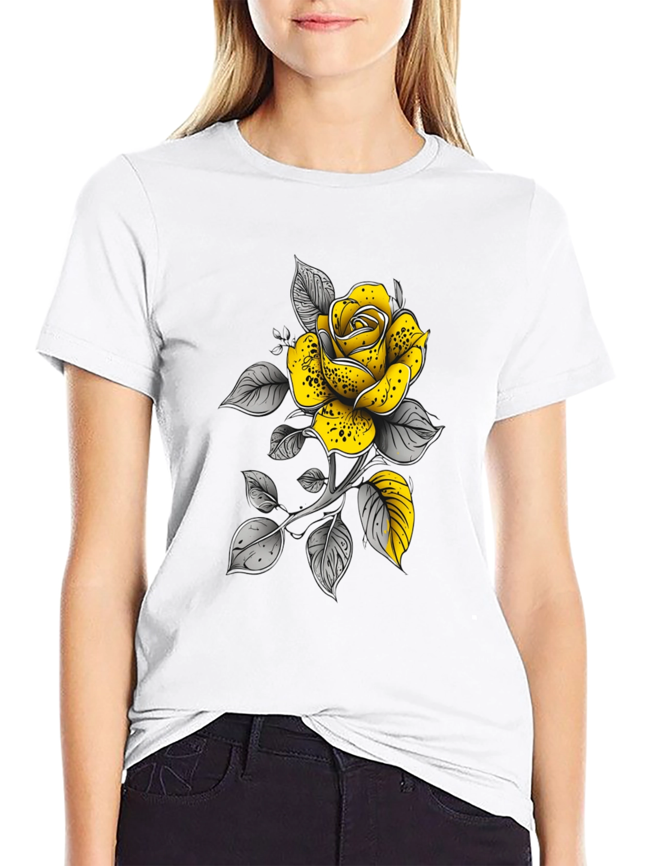 Yellow Rose Graphic Tee - Stylish Black T-Shirt