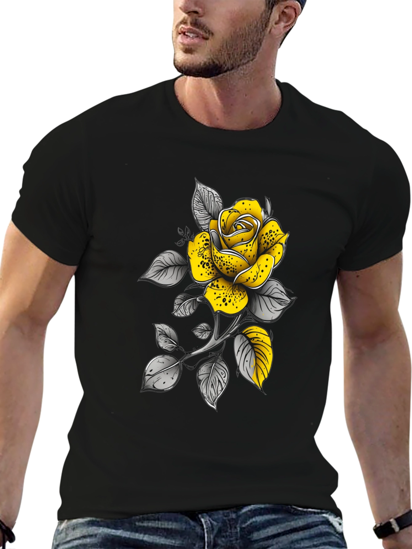 Yellow Rose Graphic Tee - Stylish Black T-Shirt