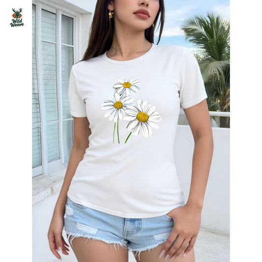 Women's Sporty Short Sleeve T-Shirt with Three White Daisy Print - Breathable Stretch Fabric, Round Neck, Machine Washable for Gym, Training & Casual Wear, Ladies Tshirts, Gym Apparel, Nontransparent Material