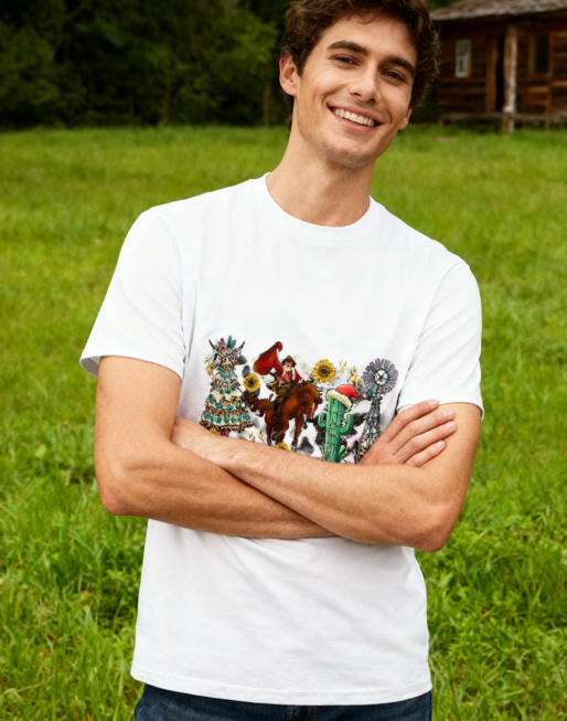 Country Christmas Western Graphic T-Shirt - 100% Cotton, Festive Exclusive for Holiday Gatherings & Casual Occasions