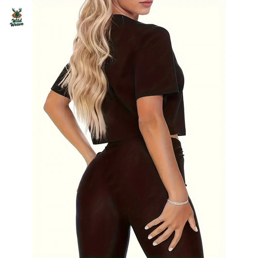 Women's Y2K Fashion Cropped Short Sleeve T-Shirt - Black Geometric Heart Pattern, Round Neck Casual Top, Machine Washable All-Season Comfort Fit, Trendy Outfit, Quality Material