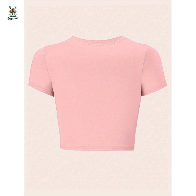 Women's Stretchy Y2K Graphic Print Crop Top T-Shirt - Slim Fit Crew Neck Summer Tee with Butterfly Design, Machine Washable Casual Top, Rhinestone Chain Accent | Delicate Detail Shirt