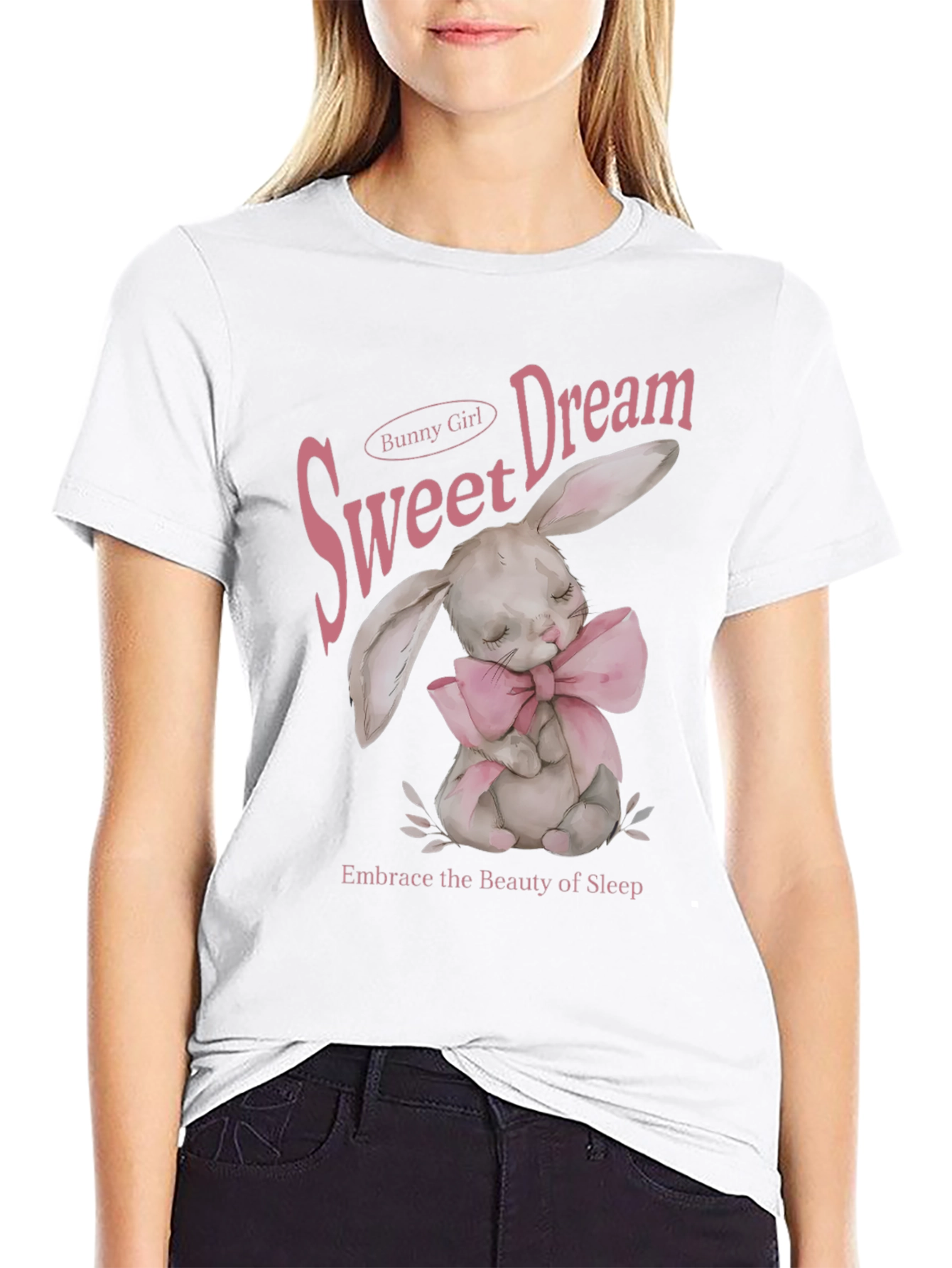 Sweet Dream Bunny Girl Black Graphic T-Shirt