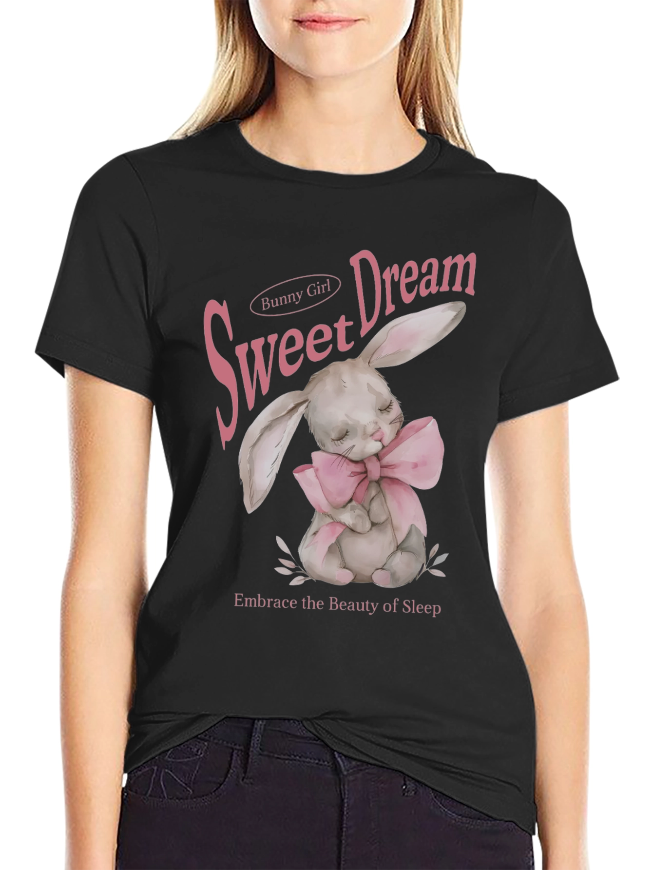 Sweet Dream Bunny Girl Black Graphic T-Shirt