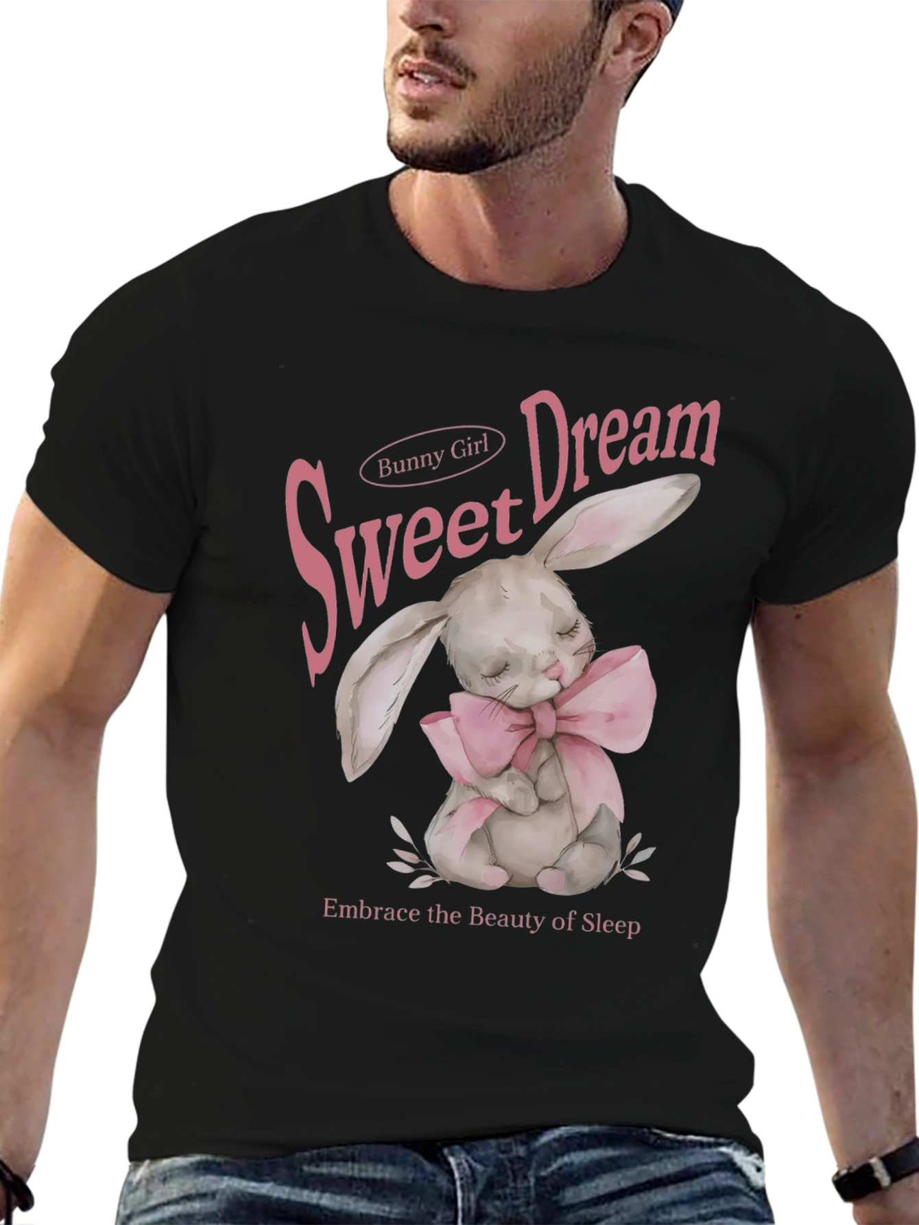 Sweet Dream Bunny Girl Black Graphic T-Shirt