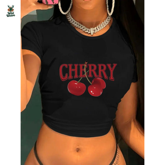 Womens Pure - Black Crop Top: Cherry Pop Chic: Vibrant Black Graphic Crop Top - Easy Maintenance Perfect for Seasonal Style Fashion-Forward Graphic Top