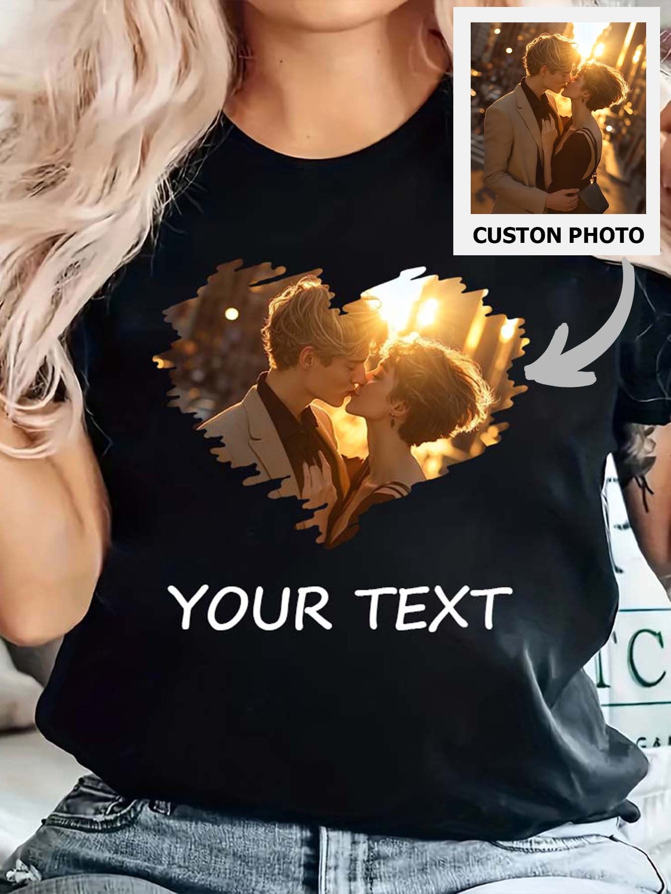 Valentine's Day Custom Photo & Text T-Shirt - Personalized Heart Design with Custom Pictures & Messages, Breathable Polyester Medium Stretch, Machine Washable, Casual Short Sleeve Crew Neck, Spring Summer Women's Fashion, Trendy Graphic Tee, Couple Outfit