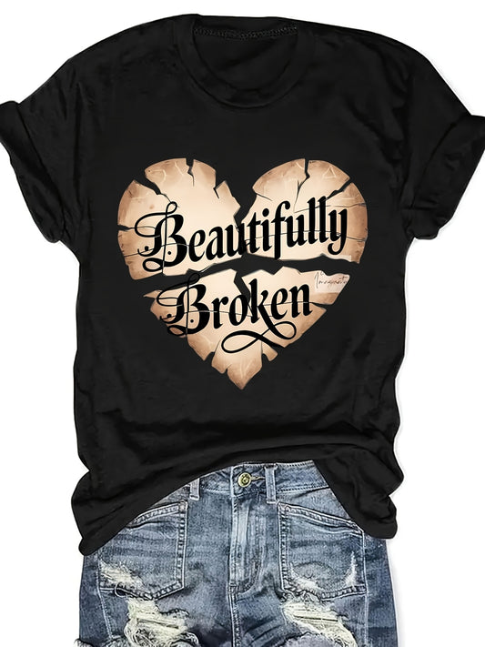 Women's "Beautifully Broken" Heart Print Casual T-Shirt - Vibrant Orange Short Sleeve Round Neck Summer Top, Machine Washable & Affordable, Ladies T Shirts, Everyday Fashion, Relaxed Fit Tee, Allseason Wear