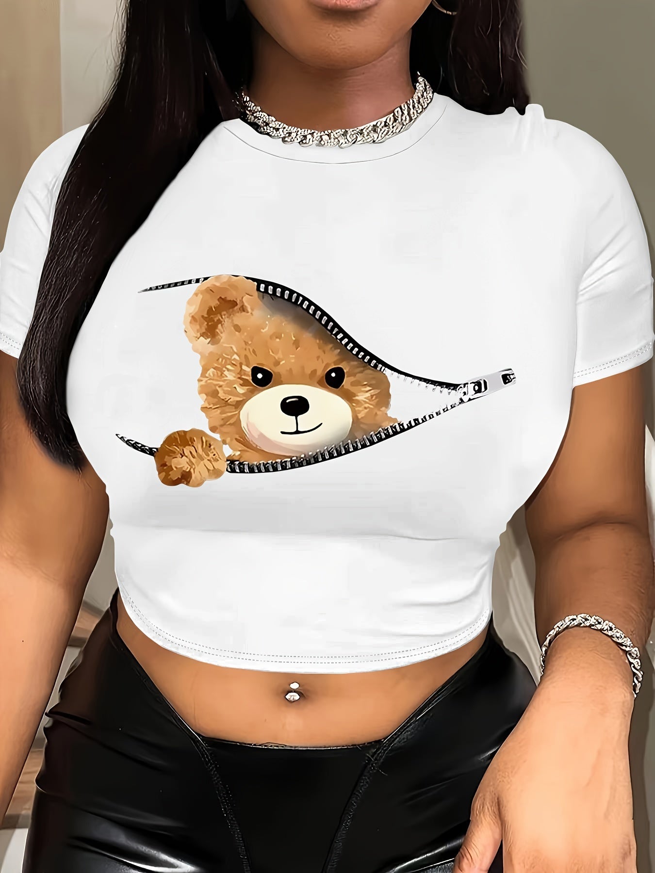 Women's Sexy Summer Crop Top - Vibrant Red Teddy Bear Zipper Graphic Tee, Soft Stretch Round Neck Short Sleeve Shirt, Machine Washable Casual Streetwear, Teddy Bear T Shirt, Playful Fashion, Playful Graphic Tee