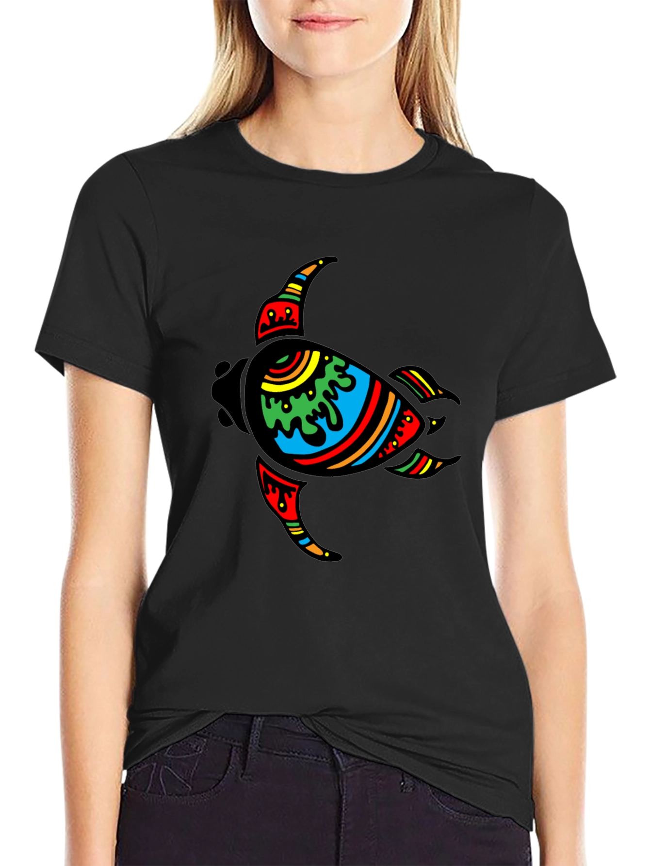 Turtle Graphic Tee - Black Cotton Casual Wear