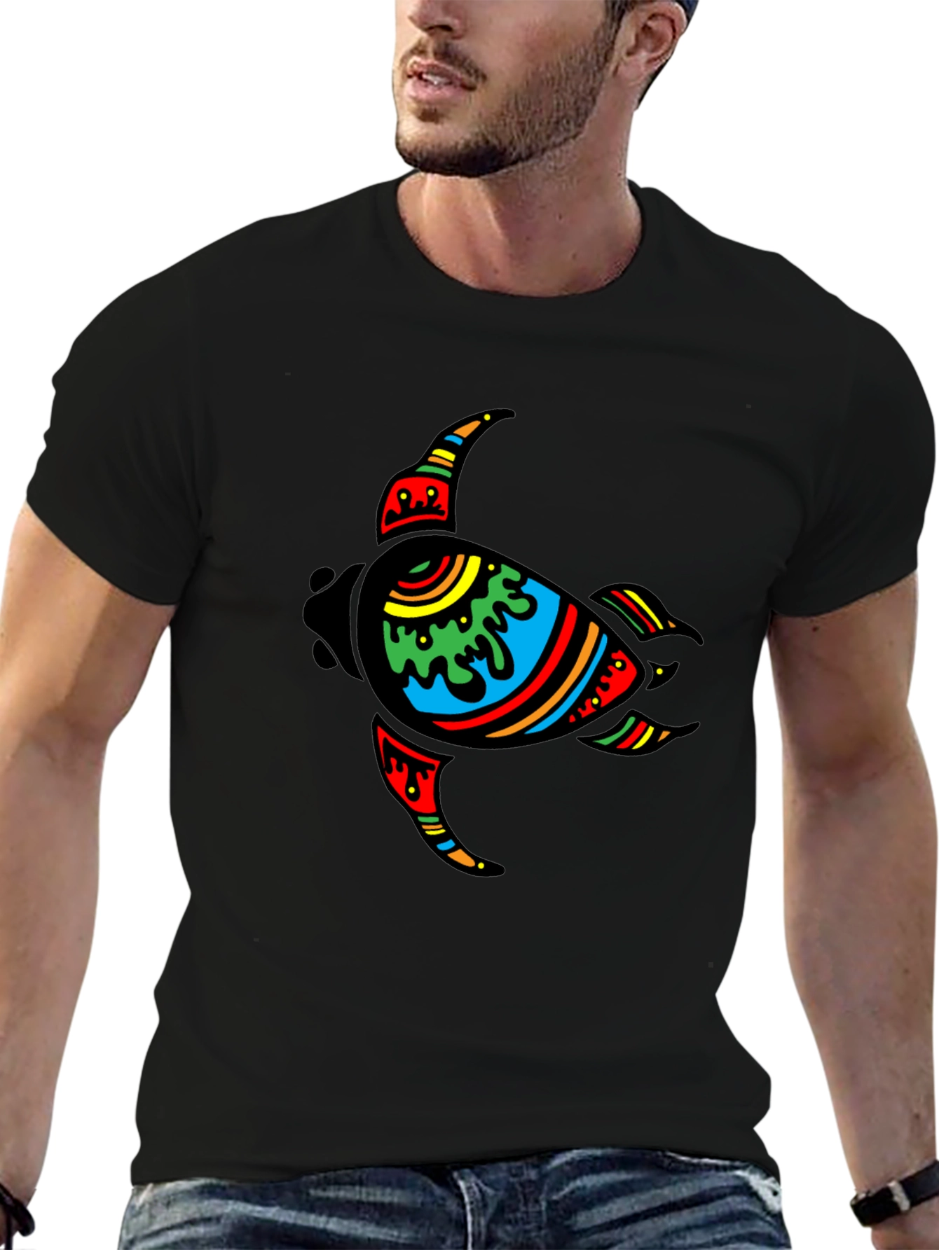 Turtle Graphic Tee - Black Cotton Casual Wear