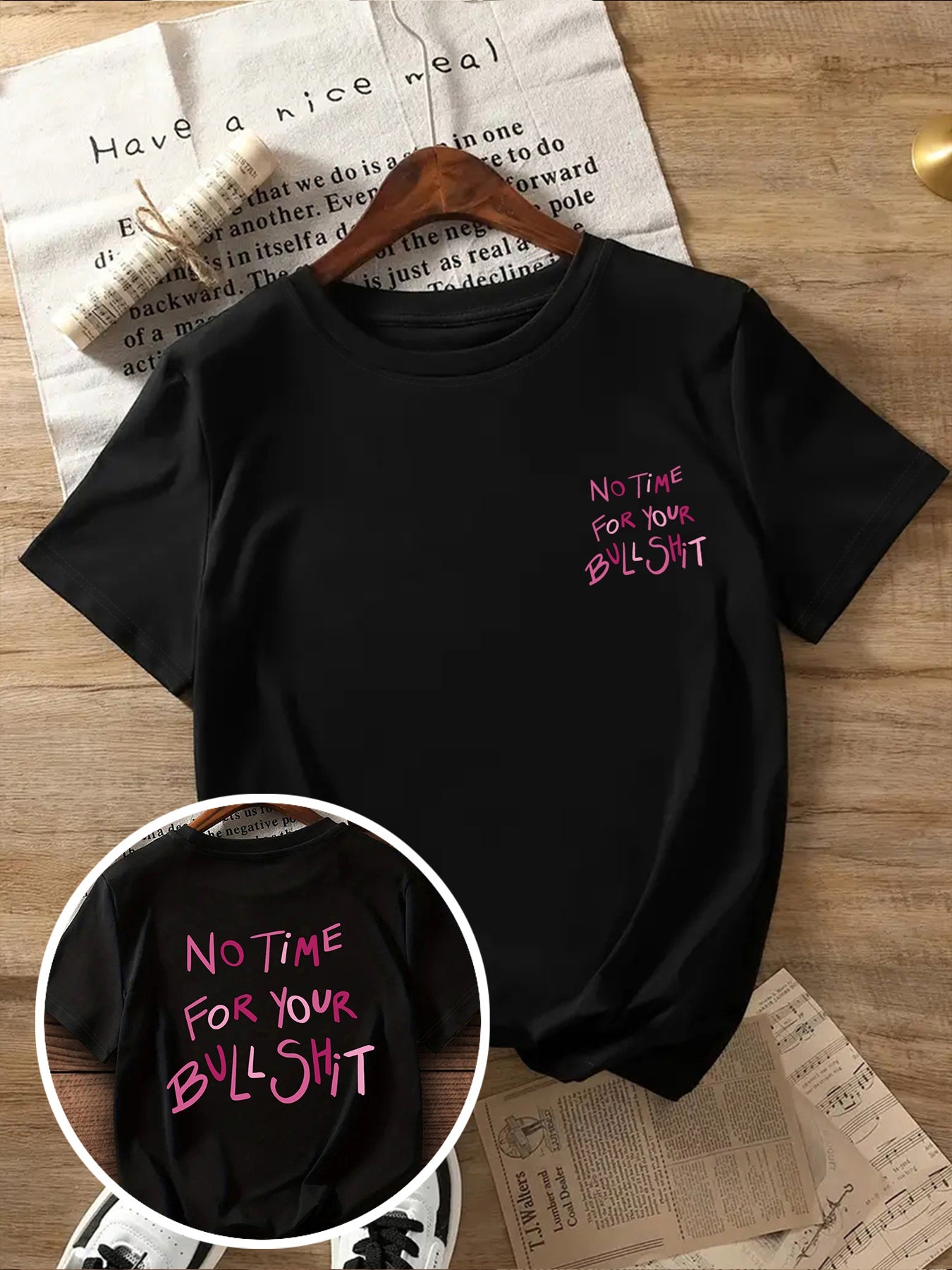 Women's Casual Short Sleeve T-Shirt with Bold "NO TIME for YOUR BULLSHIT" Pink Letter Print - Black Round Neck Summer Top, Machine Washable & All-Season Comfort, Ladies T Shirts, Relaxed Style, Statement Shirt, Durable Construction, Print Shirt, Fashion L