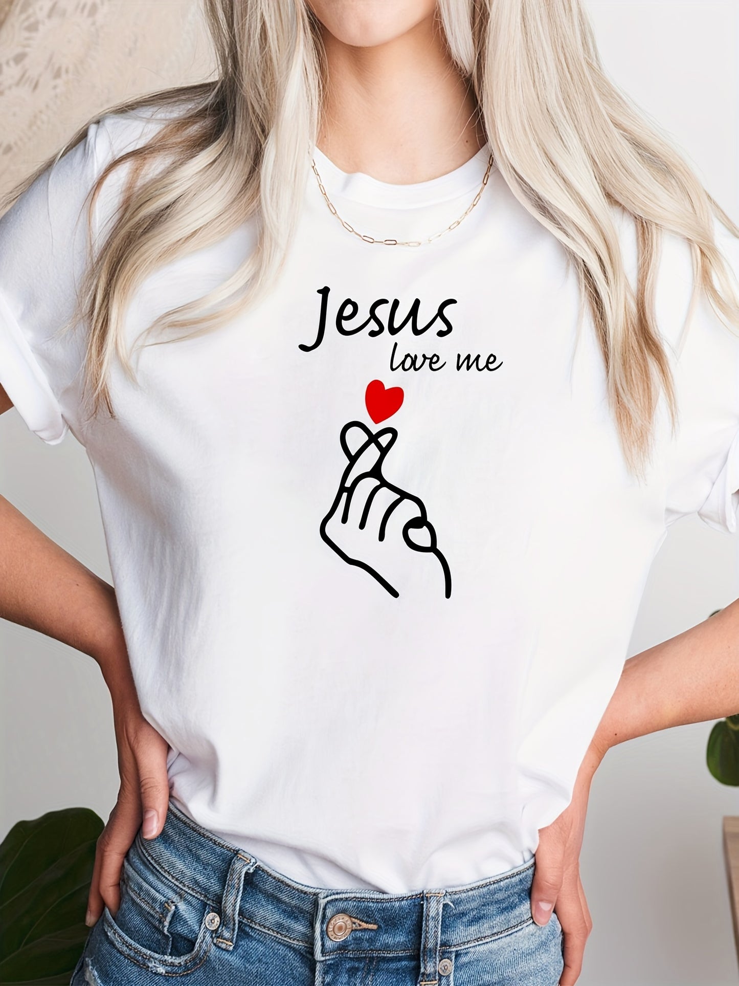 Women's Casual Short Sleeve T-Shirt - Jesus Love Me Heart Hands Print, White Round Neck Summer Top, Breathable & Machine Washable, Heart Print T Shirt