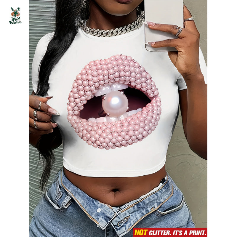 Women's Y2K Glossy Lip & Bead Print Crop Tee - Short Sleeve Round Neck Button-Like Lip Design, Slim Fit Summer Blouse, Machine Washable Casual Party Outfit (Pink/White), Non-Sheer