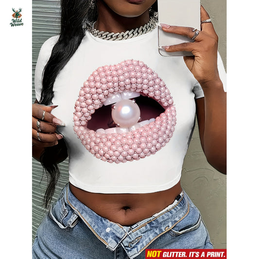 Women's Y2K Glossy Lip & Bead Print Crop Tee - Short Sleeve Round Neck Button-Like Lip Design, Slim Fit Summer Blouse, Machine Washable Casual Party Outfit (Pink/White), Non-Sheer