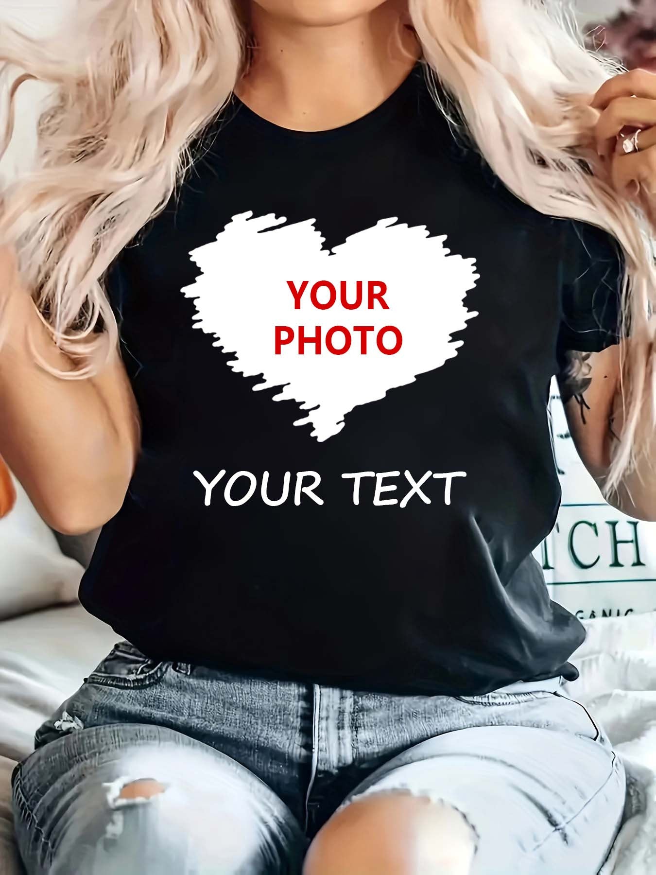 Valentine's Day Custom Photo & Text T-Shirt - Personalized Heart Design with Custom Pictures & Messages, Breathable Polyester Medium Stretch, Machine Washable, Casual Short Sleeve Crew Neck, Spring Summer Women's Fashion, Trendy Graphic Tee, Couple Outfit