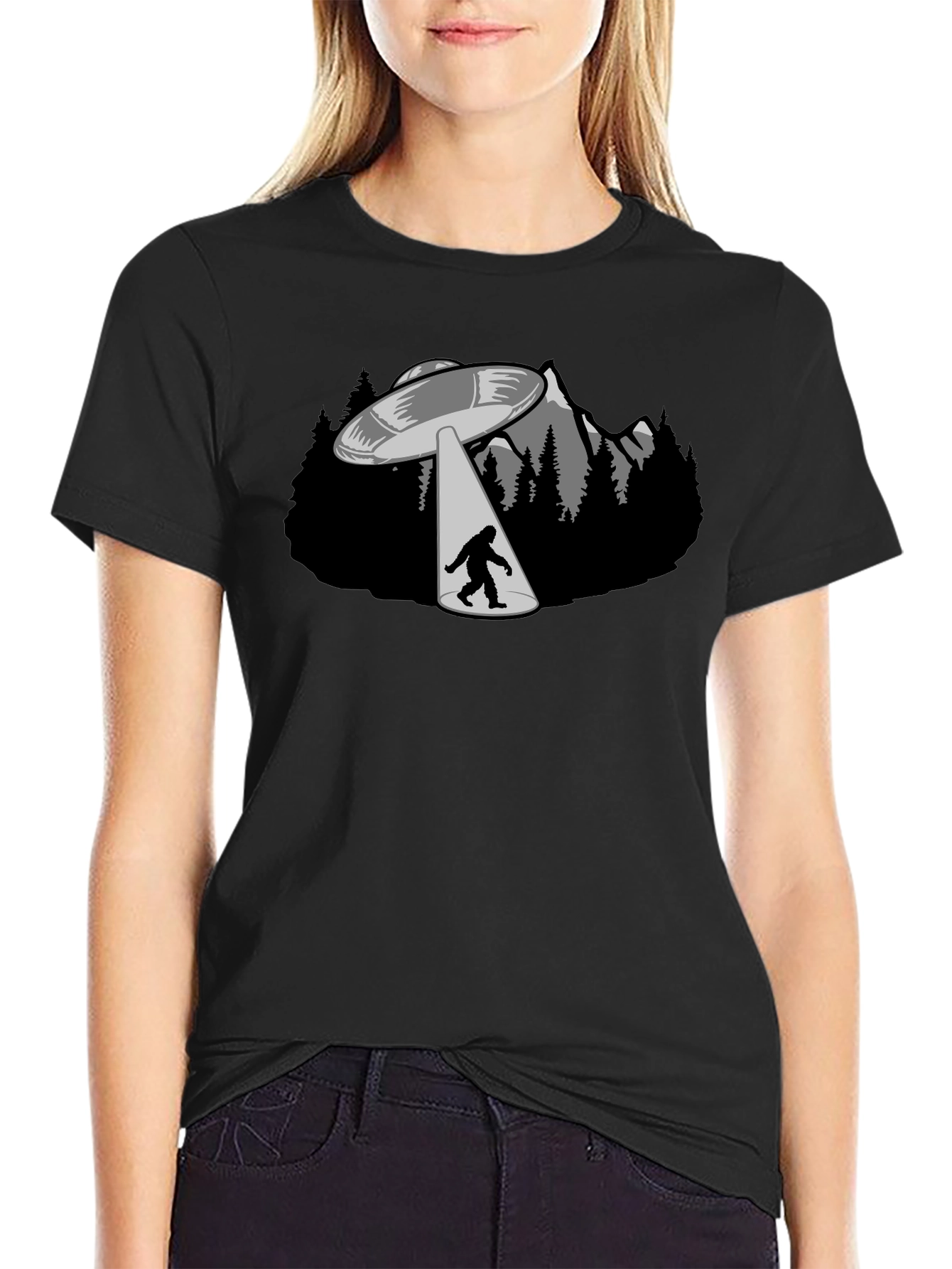 UFO Abduction Bigfoot Graphic T-Shirt