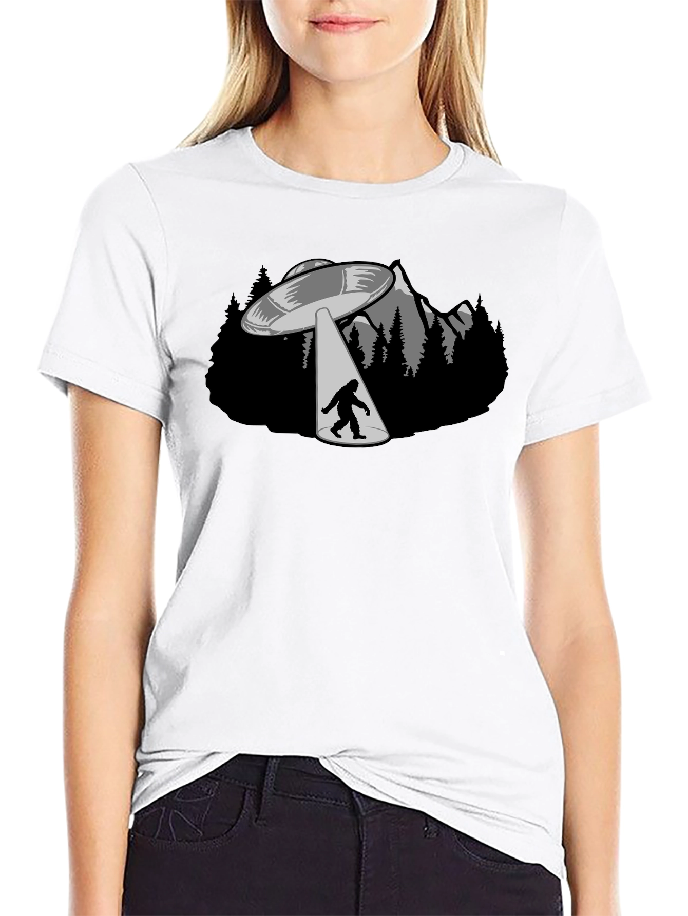 UFO Abduction Bigfoot Graphic T-Shirt