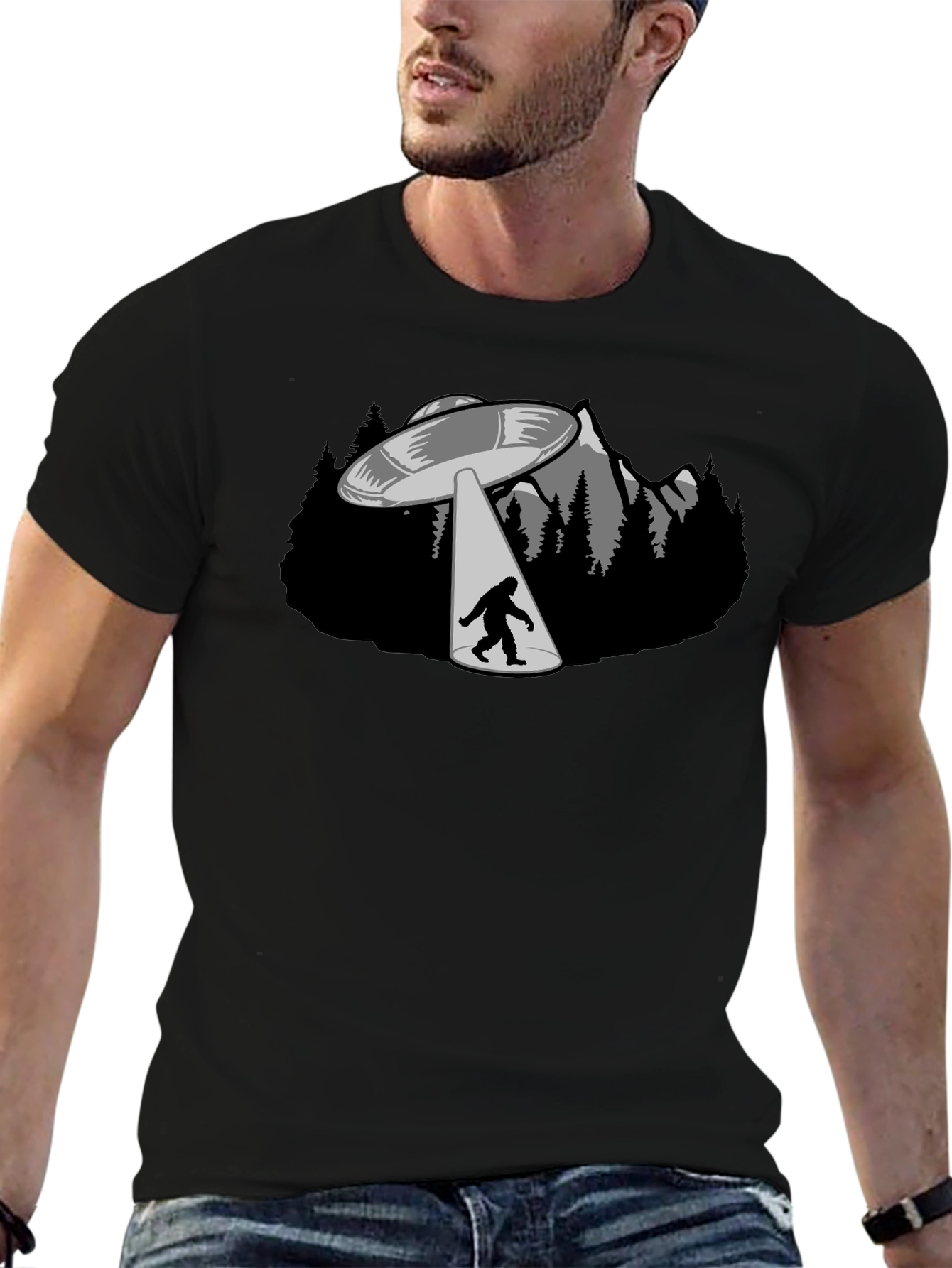 UFO Abduction Bigfoot Graphic T-Shirt