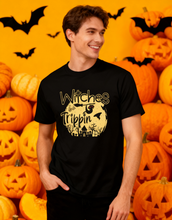 Witches Be Trippin Halloween Graphic T-Shirt - 100% Cotton, Spooky Exclusive for Halloween Parties & Casual Occasions