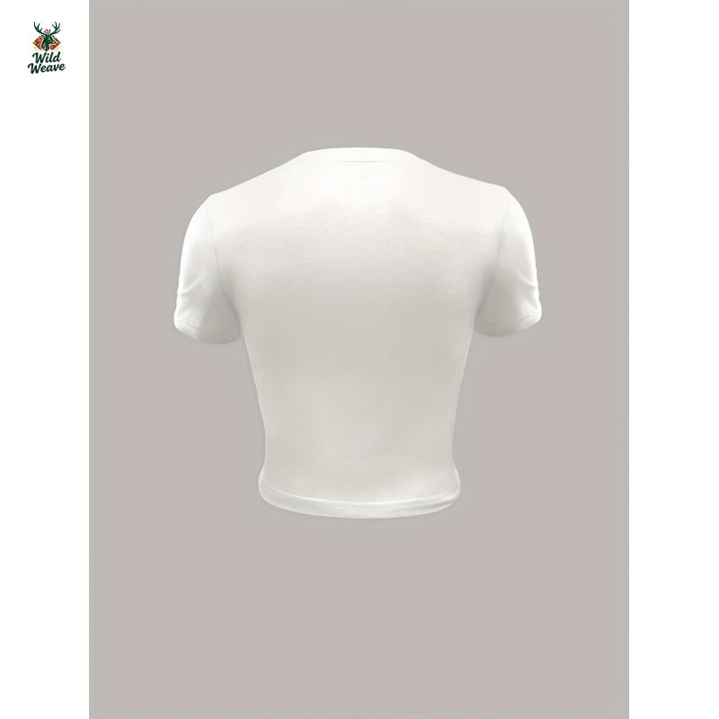 Women's Y2K Glossy Lip & Bead Print Crop Tee - Short Sleeve Round Neck Button-Like Lip Design, Slim Fit Summer Blouse, Machine Washable Casual Party Outfit (Pink/White), Non-Sheer