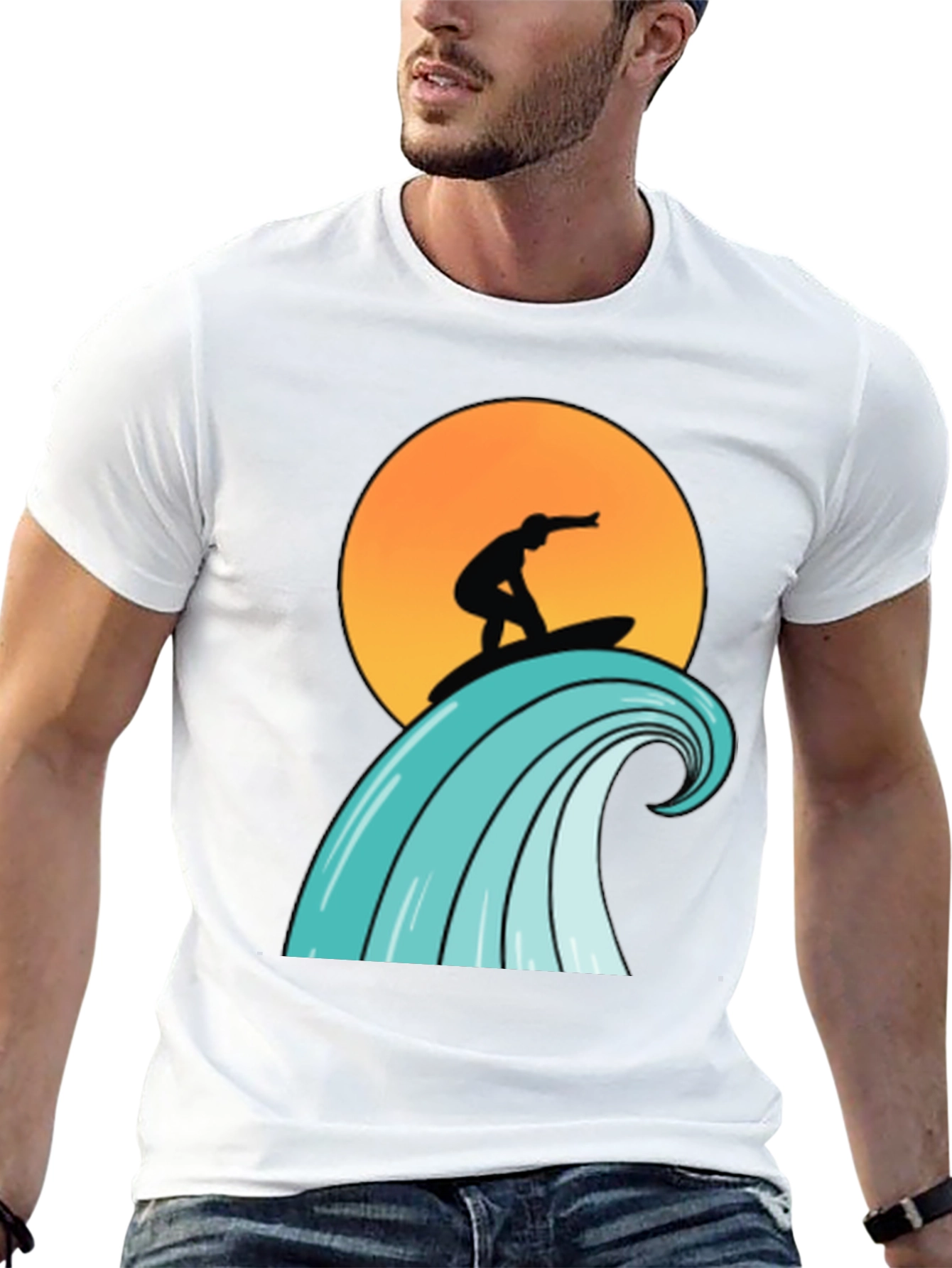 Surfer Wave Graphic Tee - Black Cotton T-Shirt