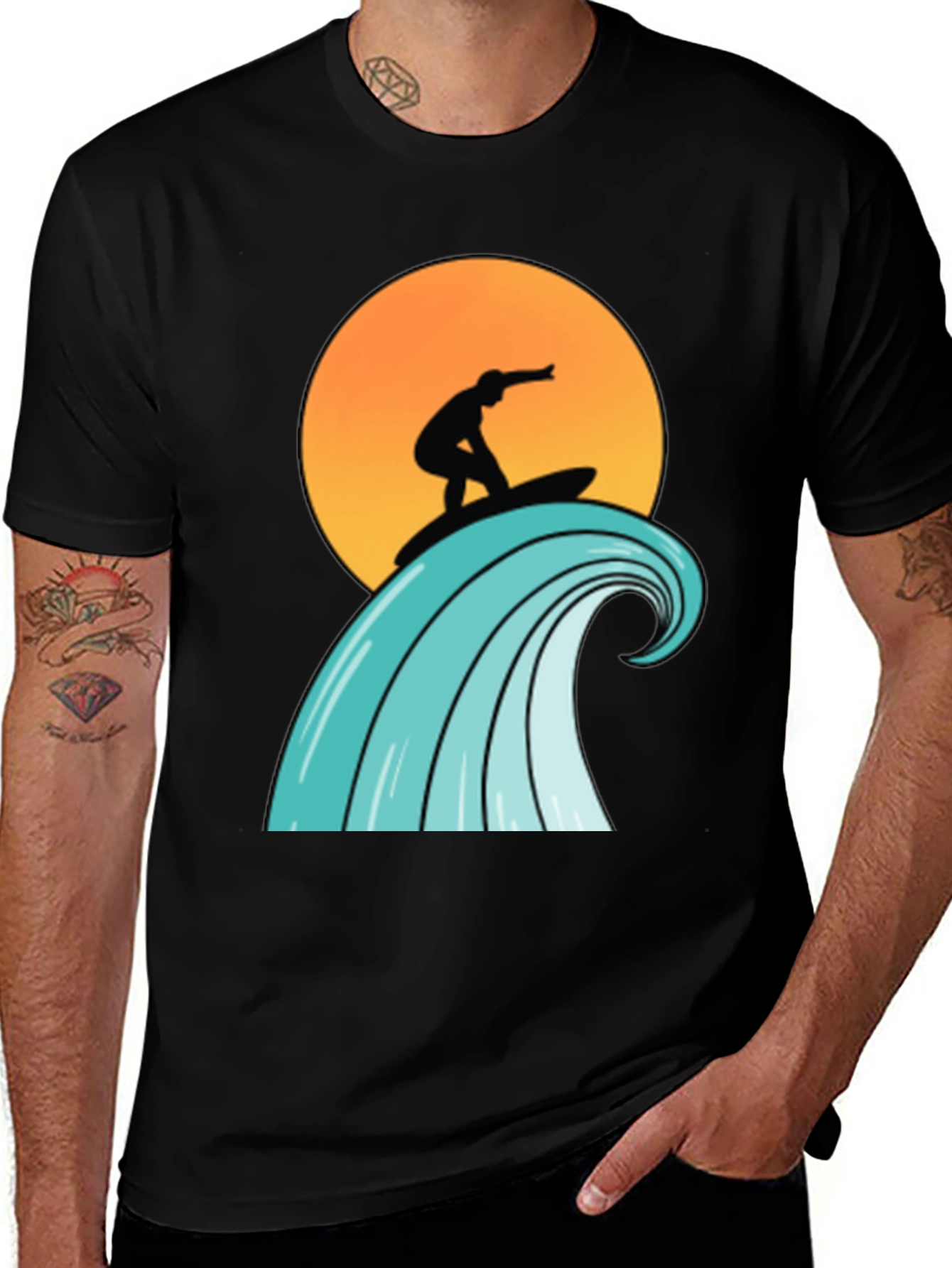 Surfer Wave Graphic Tee - Black Cotton T-Shirt