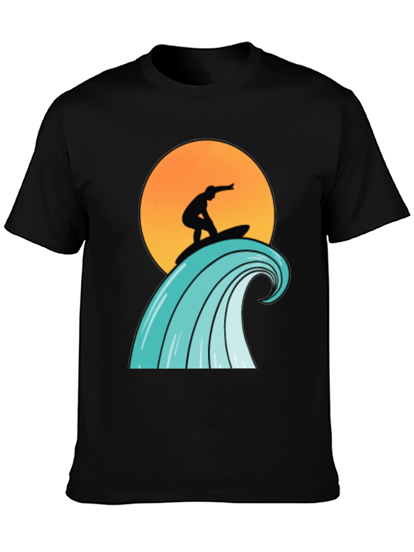 Surfer Wave Graphic Tee - Black Cotton T-Shirt
