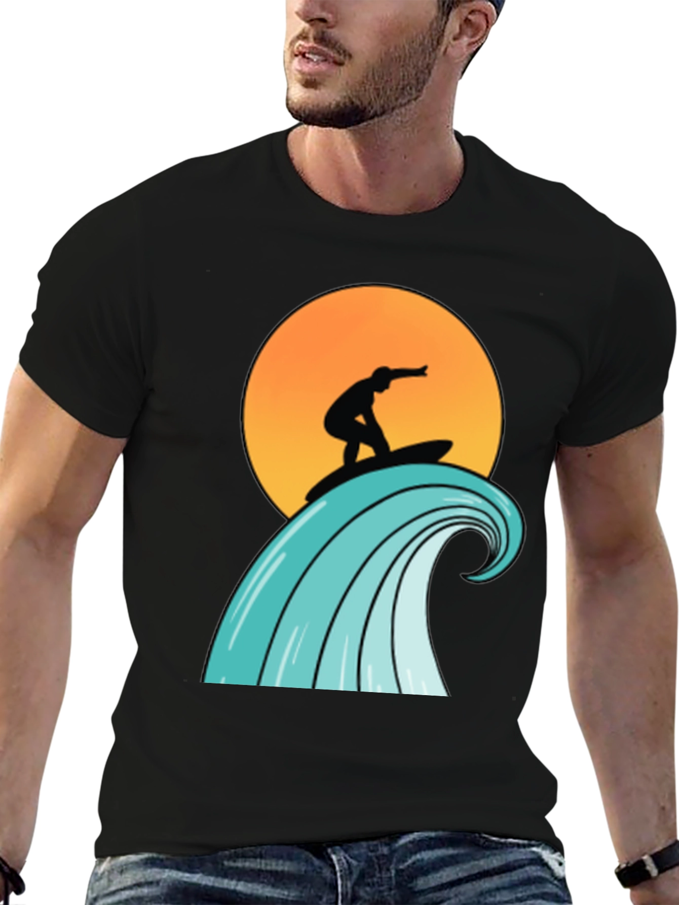 Surfer Wave Graphic Tee - Black Cotton T-Shirt