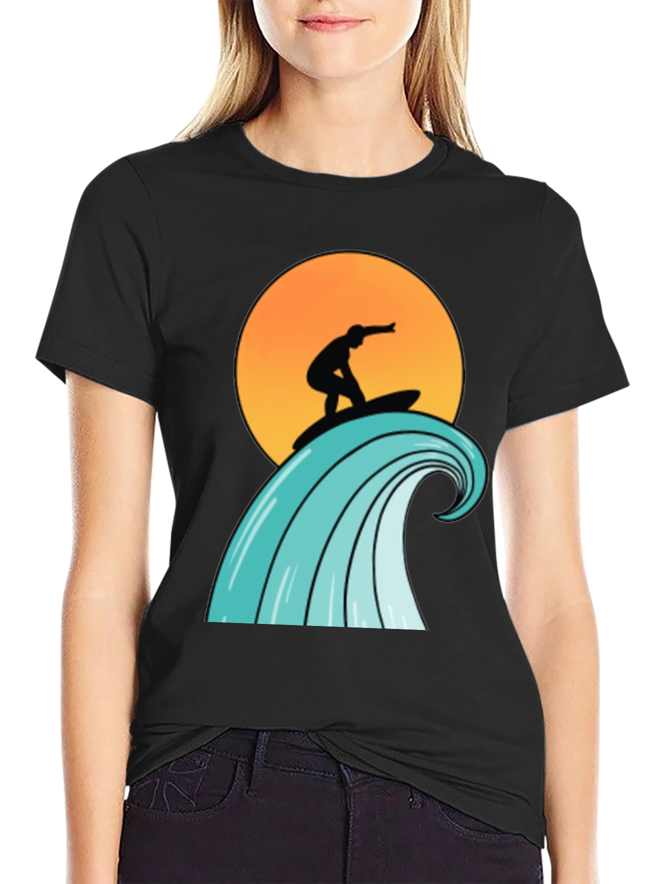 Surfer Wave Graphic Tee - Black Cotton T-Shirt