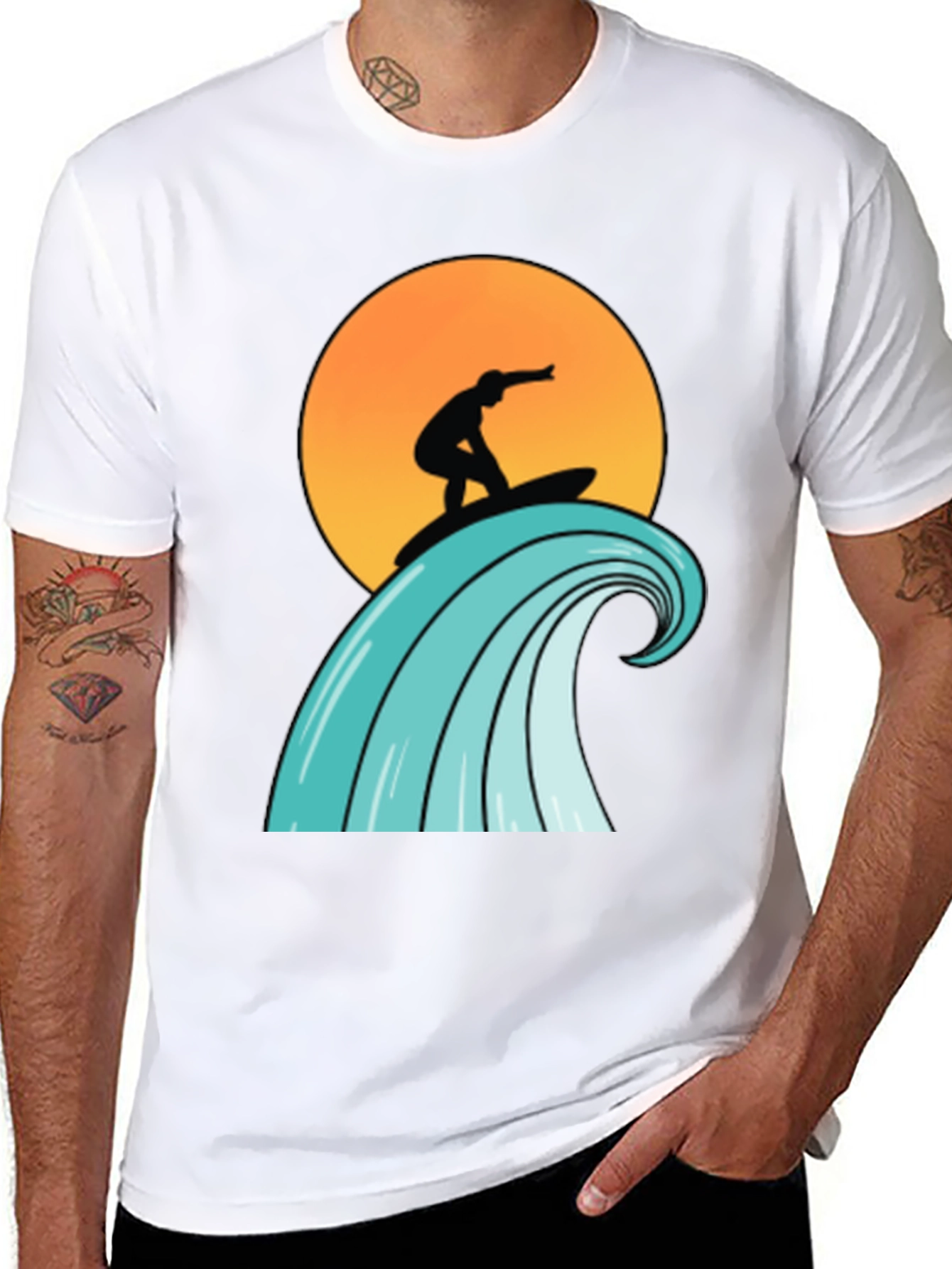 Surfer Wave Graphic Tee - Black Cotton T-Shirt