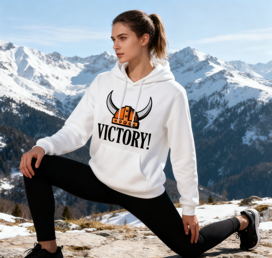 Viking Helmet "VICTORY!" Graphic Hoodie - Unisex Casual Pullover (Black & White Options)