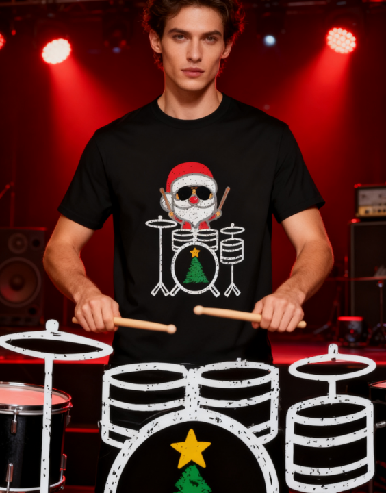 Rockin’ Santa Drummer Christmas T-Shirt - 100% Cotton, Festive Tee for Holiday & Casual Occasions