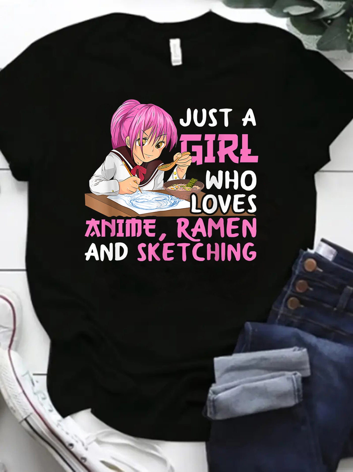 Women's Casual Anime Ramen & Sketching Graphic T-Shirt - Soft Stretch Round Neck Tee with "Just A Who Loves Anime, Ramen, Sketching" Design - Machine Washable Spring Summer Fall Top, Summer Outfit, Spring Fashion, Playful Design, Medium Elasticity