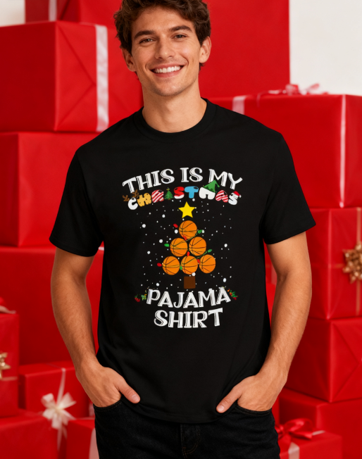 Christmas Basketball Pajama Graphic T-Shirt - 100% Cotton, Festive Exclusive for Holiday Parties & Casual Occasions