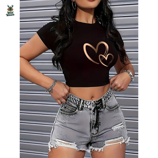 Women's Y2K Fashion Cropped Short Sleeve T-Shirt - Black Geometric Heart Pattern, Round Neck Casual Top, Machine Washable All-Season Comfort Fit, Trendy Outfit, Quality Material