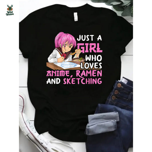 Women's Casual Anime Ramen & Sketching Graphic T-Shirt - Soft Stretch Round Neck Tee with "Just A Who Loves Anime, Ramen, Sketching" Design - Machine Washable Spring Summer Fall Top, Summer Outfit, Spring Fashion, Playful Design, Medium Elasticity