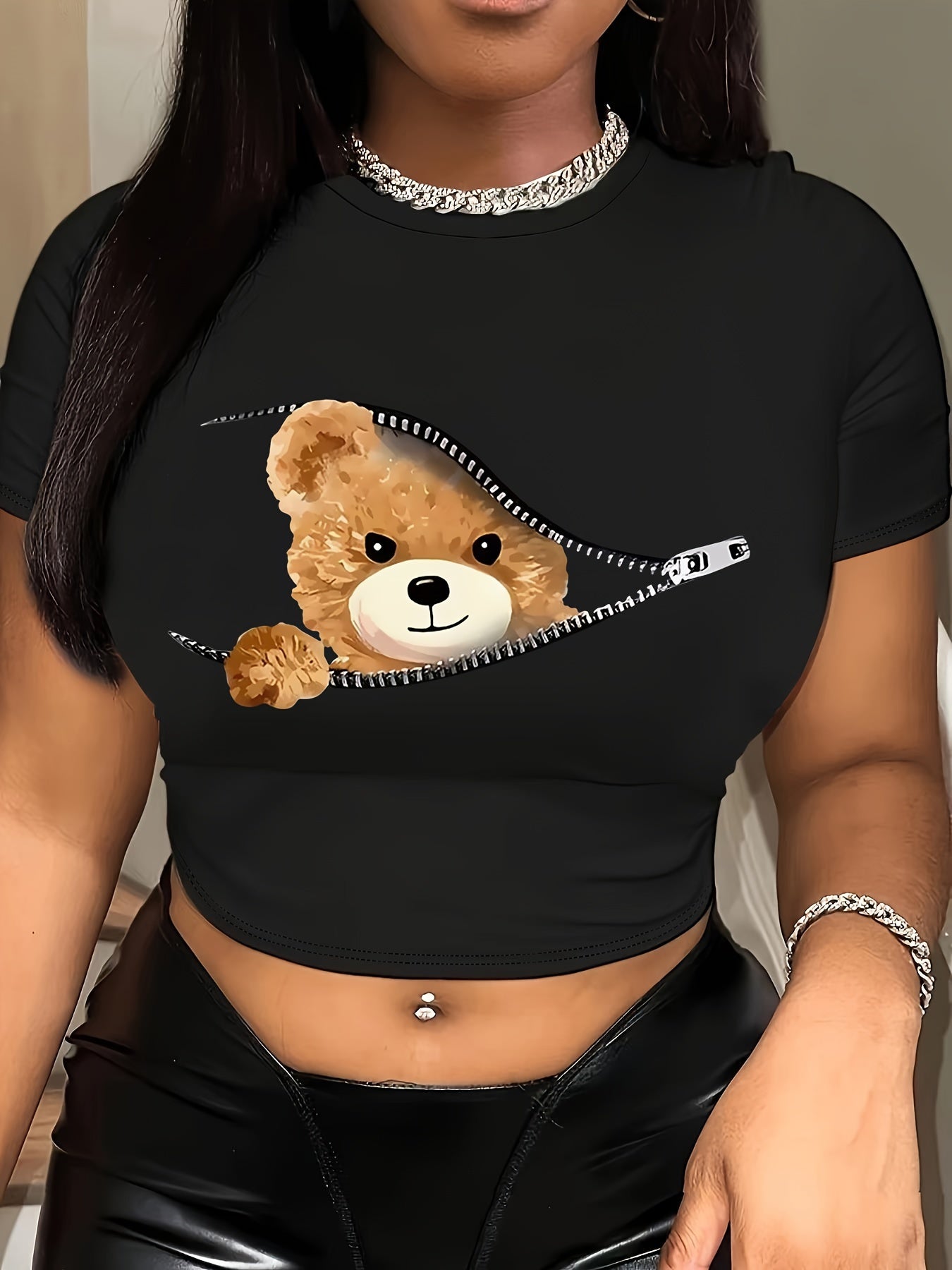 Women's Sexy Summer Crop Top - Vibrant Red Teddy Bear Zipper Graphic Tee, Soft Stretch Round Neck Short Sleeve Shirt, Machine Washable Casual Streetwear, Teddy Bear T Shirt, Playful Fashion, Playful Graphic Tee