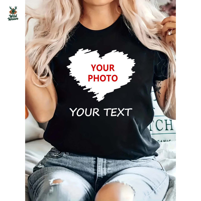 Valentine's Day Custom Photo & Text T-Shirt - Personalized Heart Design with Custom Pictures & Messages, Breathable Polyester Medium Stretch, Machine Washable, Casual Short Sleeve Crew Neck, Spring Summer Women's Fashion, Trendy Graphic Tee, Couple Outfit