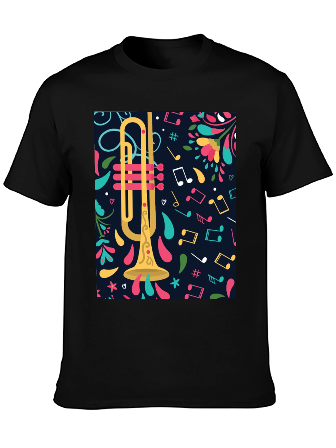 Trumpet & Music Notes Graphic Tee - Black