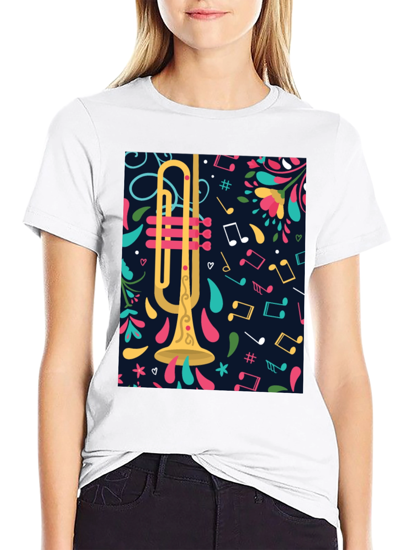 Trumpet & Music Notes Graphic Tee - Black