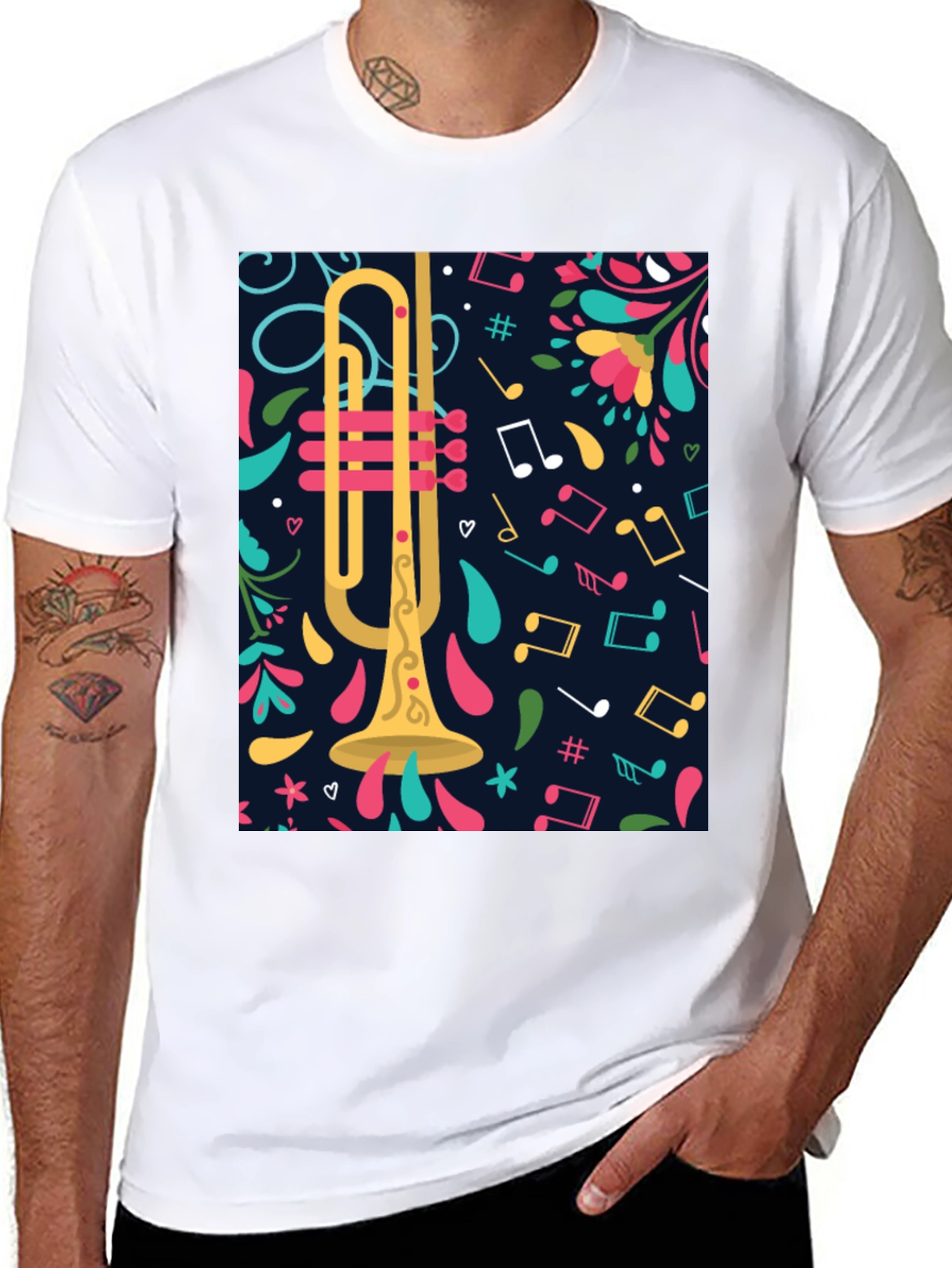 Trumpet & Music Notes Graphic Tee - Black