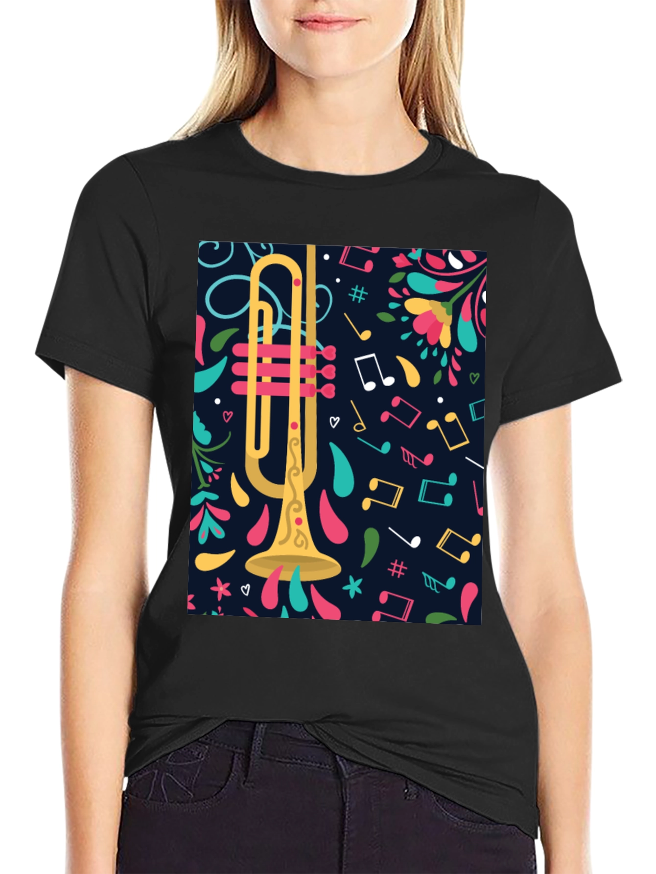 Trumpet & Music Notes Graphic Tee - Black