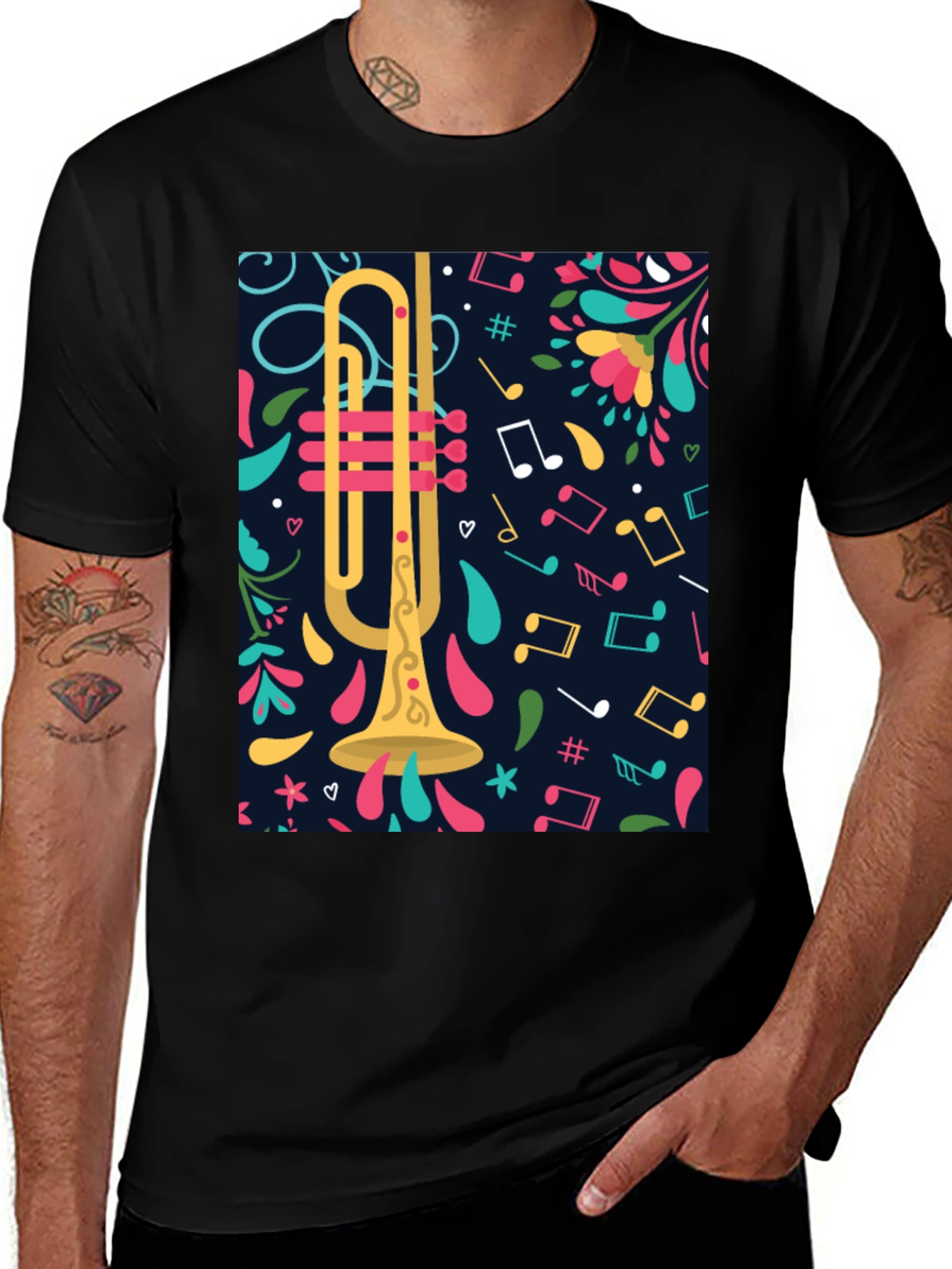 Trumpet & Music Notes Graphic Tee - Black