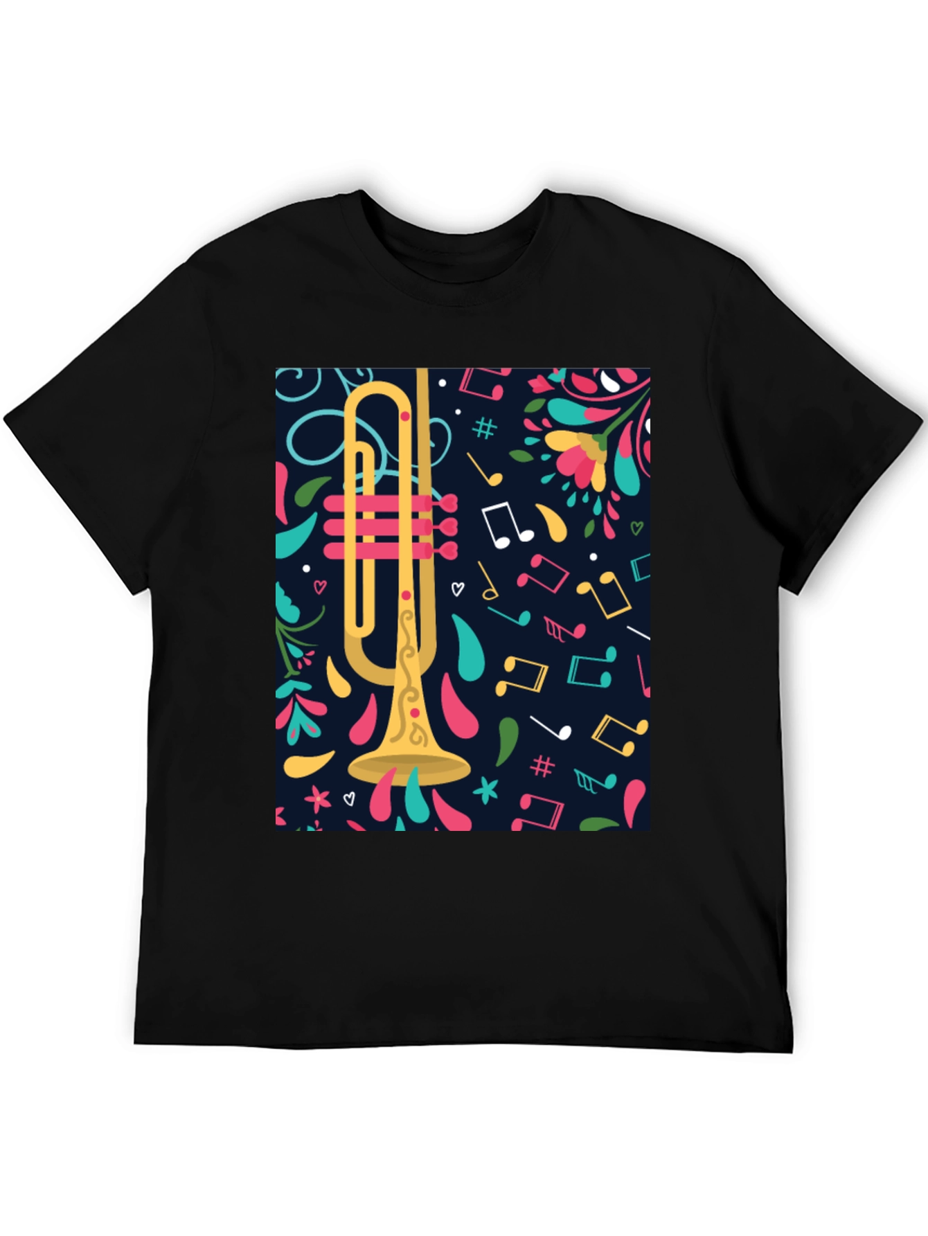 Trumpet & Music Notes Graphic Tee - Black