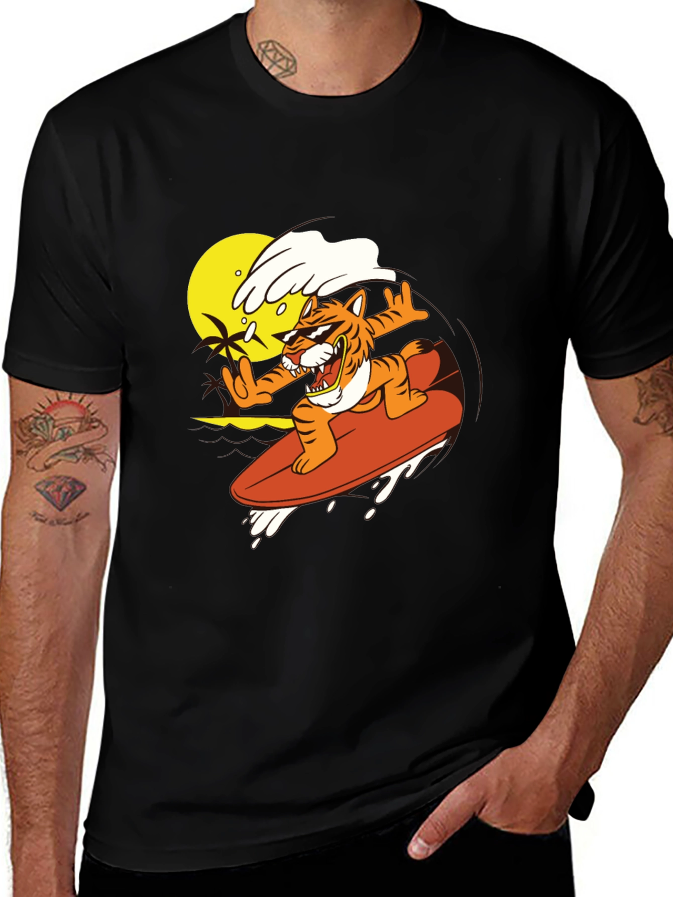 Surfing Tiger Graphic Tee - Black T-Shirt